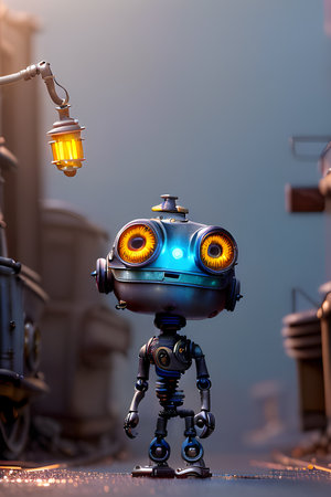 Cute  little steampunk robot on the street.の素材
