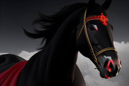 Black horse with black and red majestci elementsの素材