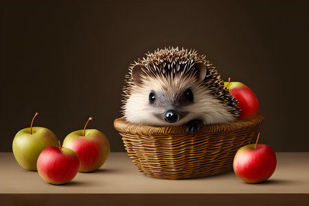 Hedgehog in a wicker basket surrounded by apples on a brown backgroundの素材