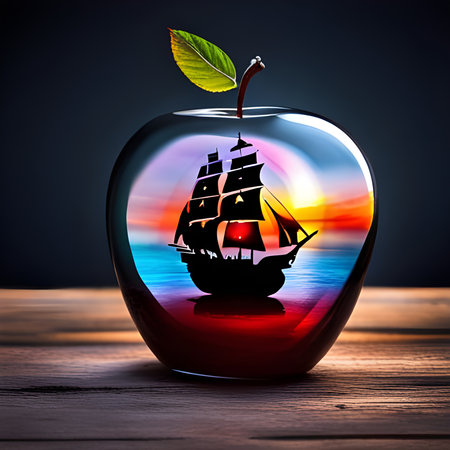 A beautiful apple on varnished wooden table filled with a colourful sunset and a sailing ship inside.の素材