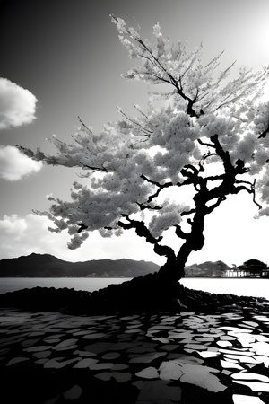 sakura tree with ocean Viewの素材