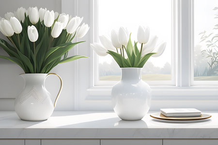 White tulips in vase on the windowsillの素材