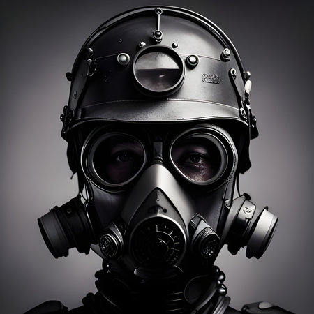 Portrait of a person in gas mask on a gray background.の素材