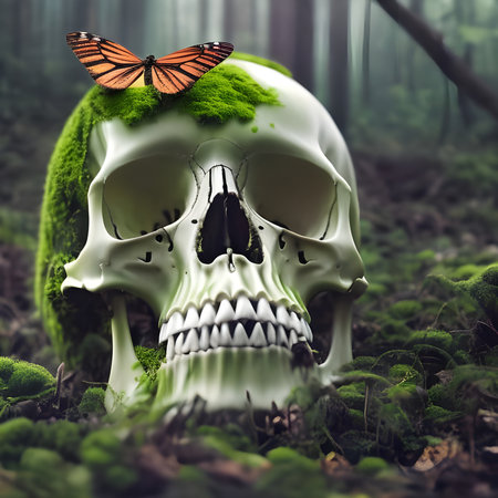Skull with green moss and butterfly in the forest.の素材