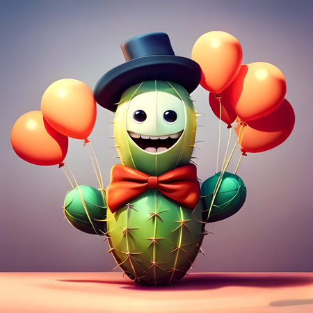 Cactus with hat and bow tie holding balloons.の素材