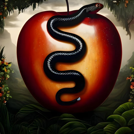 snake on an apple in the garden. Forbidden fruitの素材