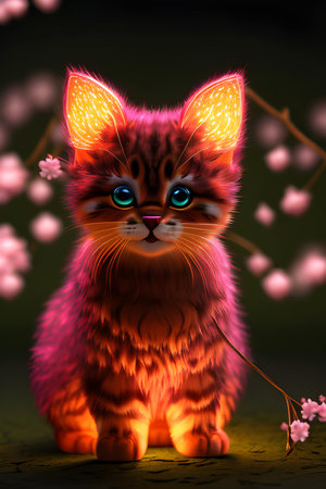 Cute Luminous  kitten with cherry blossom on dark background.の素材