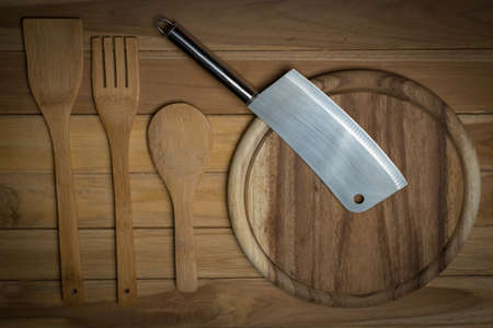 kitchenware on wood backgroundの写真素材