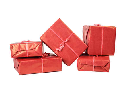 six red presents isolated on whiteの写真素材