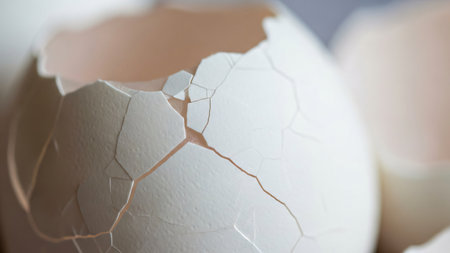 Cracked eggshell on a white background. Close-up.の素材
