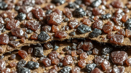 Close-up of black and red raisins on wooden backgroundの素材