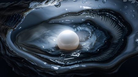 A luxurious and high-detail macro shot of a perfect white pearl nestled inside the dark, wet interior of an open oyster shell. AI generatedの素材