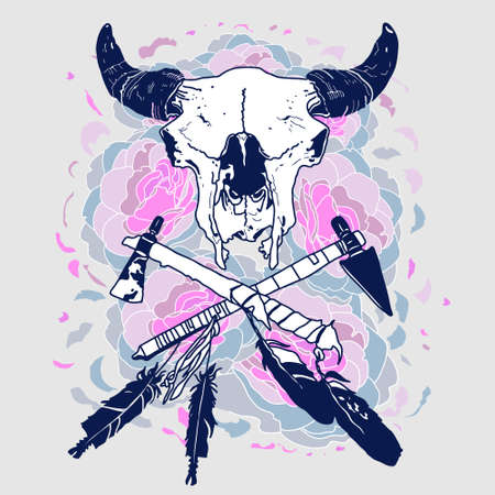 Bull skull with tomahawks crossed and feathers. Tattoo design element. Vector illustration isolated. Background with roses in separate layerのイラスト素材