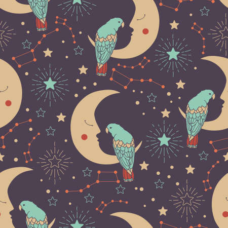 Vector seamless pattern with crescent moons, parrots, ursa major and starsのイラスト素材