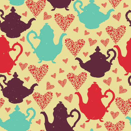 Vector seamless pattern with teapots and heartsのイラスト素材
