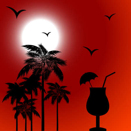 Red tropical background with palmのイラスト素材