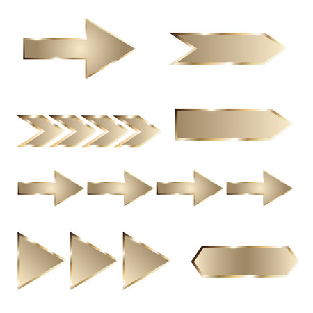 Pointers of various shapes with a shiny gold and bronze frame. The set of arrows is wide narrow triangularのイラスト素材