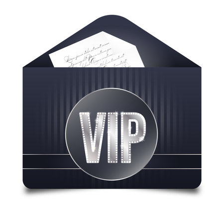 VIP invitation design. Envelope inscription silver VIP with paper inside. Isolated on white background. Vector illustrationのイラスト素材