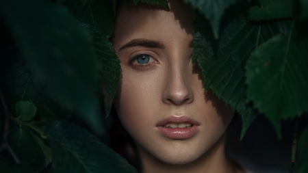 Closeup portrait of attractive young woman. Face looking through green leaves.の写真素材