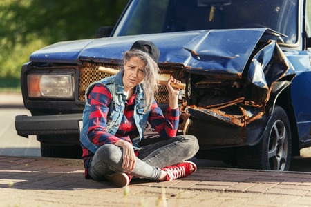 Young girl with makeup of senior woman. Hipster elderly grannyの写真素材