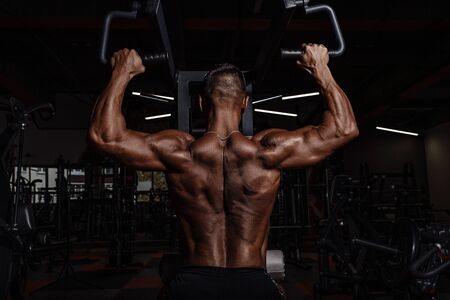 Handsome man with big muscles working out in gym. Muscular bodybuilder doing exercises