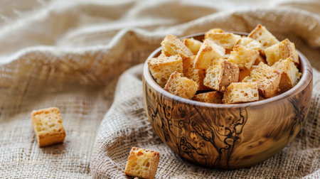 A wooden bowl filled with golden-brown croutons on a textured clothの素材