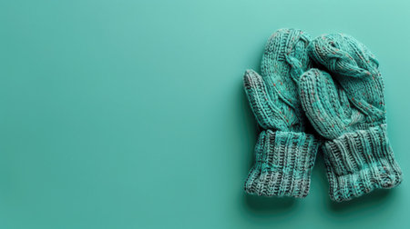 Pair of turquoise knit mittens on teal backgroundの素材