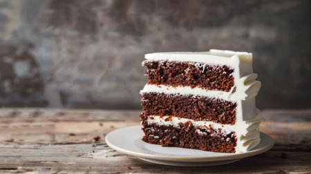 Slice of layered chocolate cake with white frosting on plateの素材