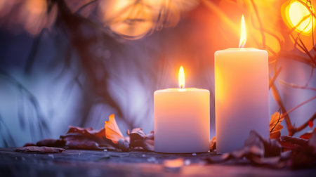 Two lit candles on wooden surface with autumn leaves and warm bokeh effectの素材