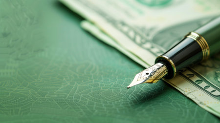 Fountain pen on US currency over financial documentsの素材