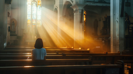 Person sitting in church pews with sunlight streaming through stained glass windowの素材