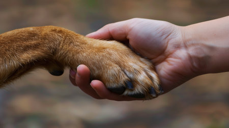 Human hand gently holding dog's paw, symbolizing companionship and trustの素材