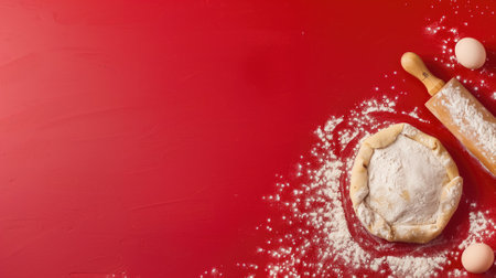 Baking ingredients and tools on red background with space for textの素材