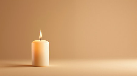 Single lit candle against plain beige background with ample spaceの素材
