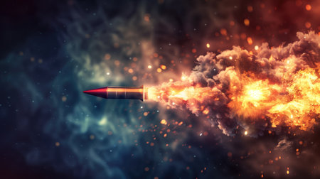 Bullet with fiery trail speeding through space-like backgroundの素材