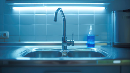 Modern kitchen sink illuminated by blue light with bottle of soapの素材