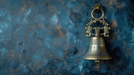 Antique bronze bell hanging on textured blue wallの素材