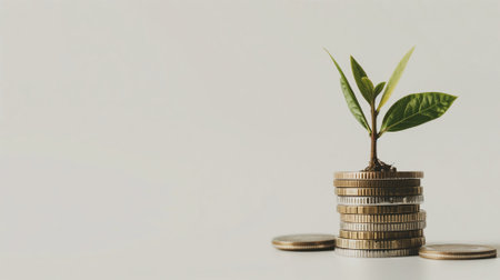 Plant sprouting from stack of coins on light background, symbolizing growth and investmentの素材