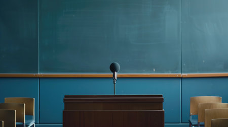 Empty classroom with podium and microphone in front of blackboardの素材