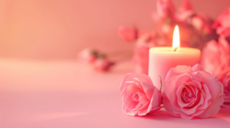 Lit candle with pink roses on soft backgroundの素材