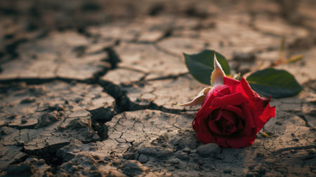 Vibrant red rose lying on cracked dry earthの素材
