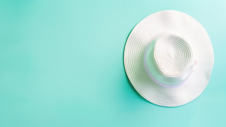 White sun hat with ribbon on teal backgroundの素材