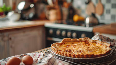 Freshly baked quiche on kitchen counter with eggs and utensils in backgroundの素材