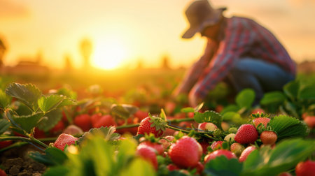 Farmer harvesting strawberries in field at sunsetの素材