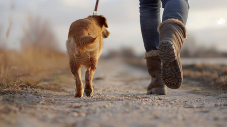 Person walking dog on leash along dirt path at sunsetの素材