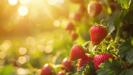 Ripe strawberries growing on plant in sunlightの素材