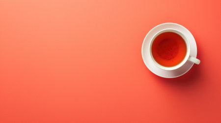 White cup of tea on red background with copy spaceの素材
