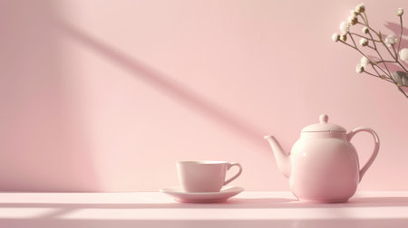 White teapot and cup sit under soft lighting with pink backgroundの素材