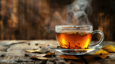 Steaming tea in clear cup with loose leaves on wooden table and autumnの素材