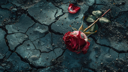 Wilted red rose lying on cracked blue ground symbolizing loss or end of romanceの素材